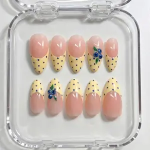 Blueberry French Tip Press On Nails, Yellow Polka Dot Summer Fruit Set