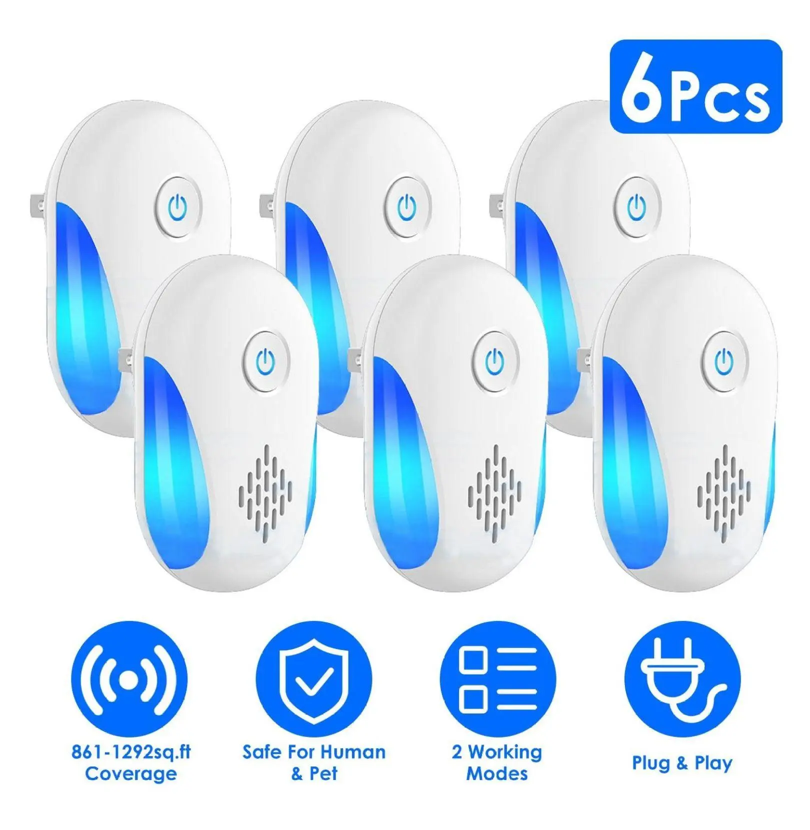 6-Pack Plastic Ultrasonic Pest Repeller with Dual-Frequency Technology, Chemical-Free Cockroach Killer Repellent for Household Room Rodent & Mosquito Control, Compact, Energy-Efficient, Pet & Kid-Safe Indoor Device, Pest Control