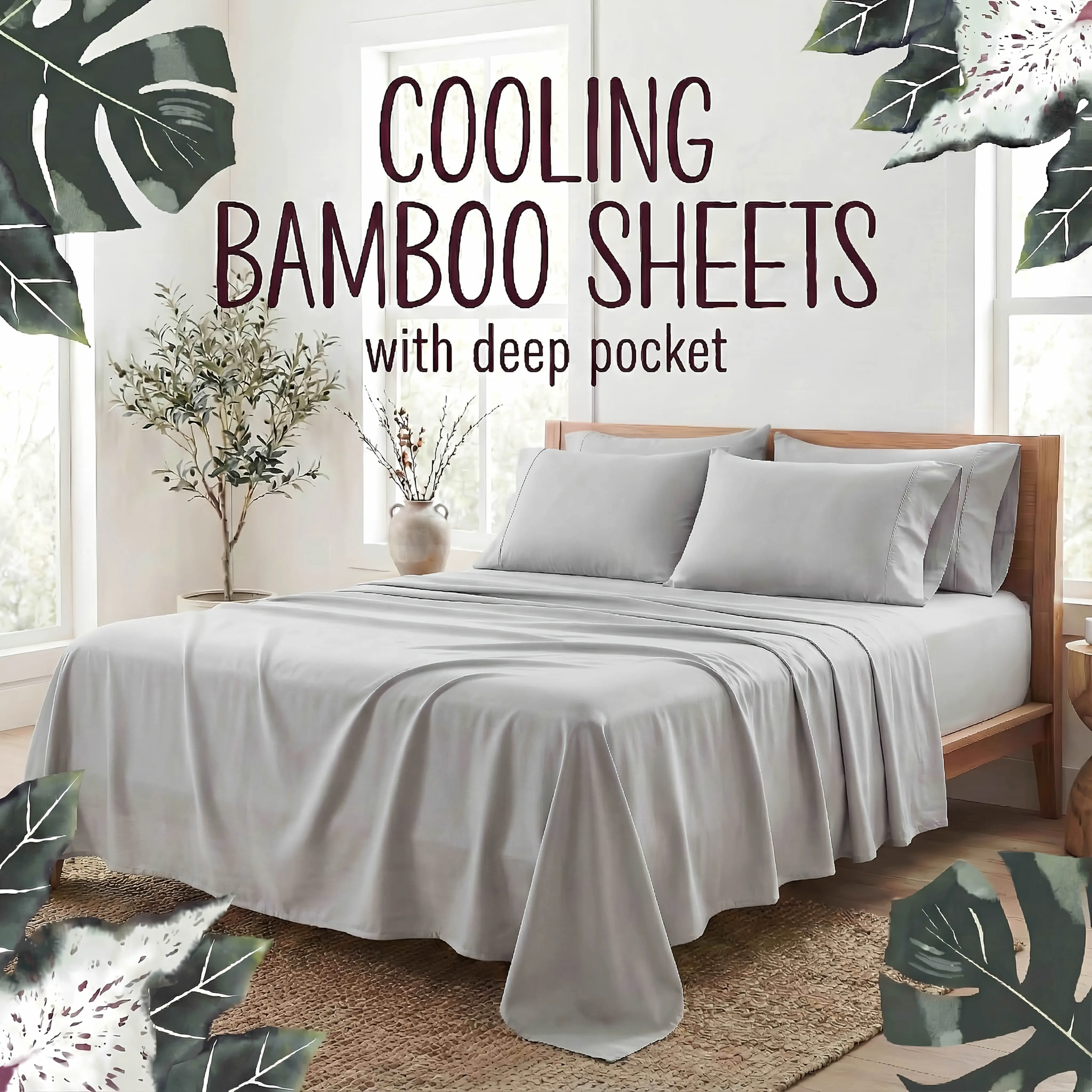 4-Piece Bamboo Fiber Bedding - Hypoallergenic and Temperature-Regulating, Suitable for All Seasons to Care for Deep Sleepers, Luxurious Bedding with Deep Pockets, Wrinkle-Resistant and No Ironing Needed, Great for Room and Bedroom Decor