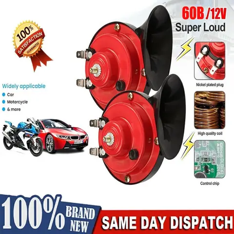 Dual 12V Super Loud Train Horn Kit - 60B Rating, Waterproof, High-Quality Coil, Nickel-Plated Plug, Red, Horn Siren, SUV Compatible Car Exterior Upgrade Tool for Cars, Semi Trucks toolupgrade