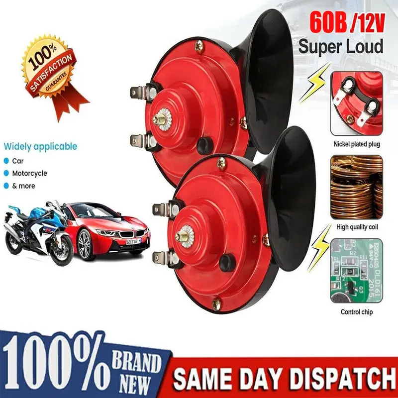 Dual 12V Super Loud Train Horn Kit - 60B Rating, Waterproof, High-Quality Coil, Nickel-Plated Plug, Red, Horn Siren, SUV Compatible Car Exterior Upgrade Tool for Cars, Semi Trucks toolupgrade