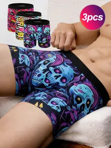 3-Pack Men's Long Brief Underwear, Street Style Skull Graffiti Print, Super Soft Breathable Boxer Shorts, All Seasons Comfort