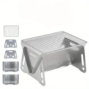 Portable Foldable Campfire Grill Stainless Steel Fire Pit Camping Stove Lightweight Easy Assembly Disassembly for Outdoor BBQ Tailgate Party with Teapot Cookware Family Emergency Use