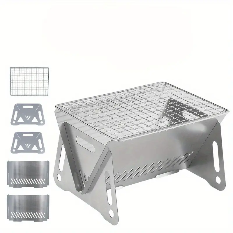 Portable Foldable Campfire Grill Stainless Steel Fire Pit Camping Stove Lightweight Easy Assembly Disassembly for Outdoor BBQ Tailgate Party with Teapot Cookware Family Emergency Use