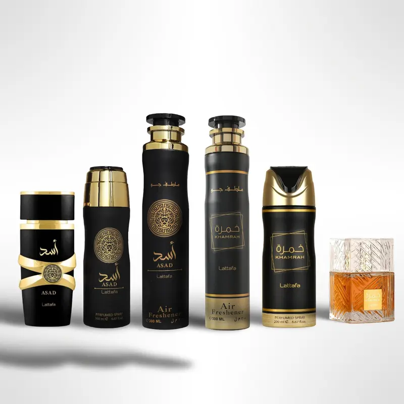 Lattafa Men's 6PC Fragrance Gift Set - Asad & Khamrah EDP Spray, Deodorants, Room Air Fresheners with Long Lasting Arabic, Woody Aromatic, Spicy Woody Burst Aroma, Long Lasting Fragrance