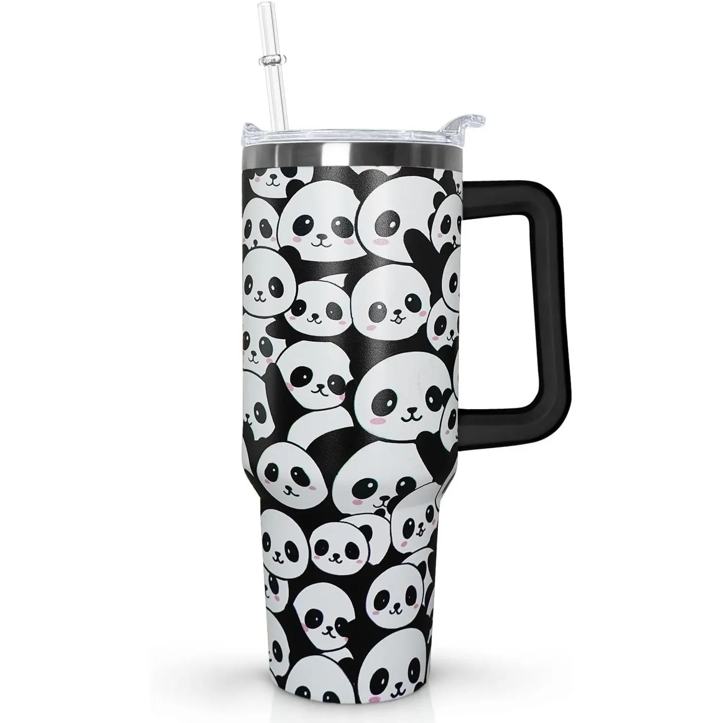 Ceovfoi 40 oz Transparent Panda Stainless Steel Vacuum Flask - Insulated Water Bottle with Lid and Straw, Portable Coffee/Tea Tumbler, Birthday Gift for Girls, Kitchenware Decor Accessory, Water Bottles, Flasks