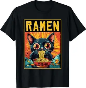 Funny Ramen Cat Tee Japan Anime Manga Kawaii Ramen Noddles T-Shirt