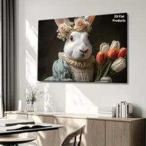 A 2D flat picture frame for New Year celebrations, suitable for both indoor and outdoor decoration, featuring a white rabbit in a stylish dress holding tulips. This adds charm to your living room and bedroom.