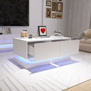 [SOIYELIFE] High Gloss Coffee Table with 2 Drawers RGB LED Lighting and Bluetooth Control Modern and Interactive Living Room Furniture
