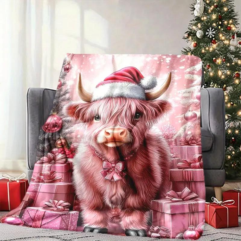 Cute Highland Cow Pattern Blanket Soft Throw for Home Office Travel Camping Cozy Lightweight Flannel Retro Festive Design Perfect Holiday Christmas Gift