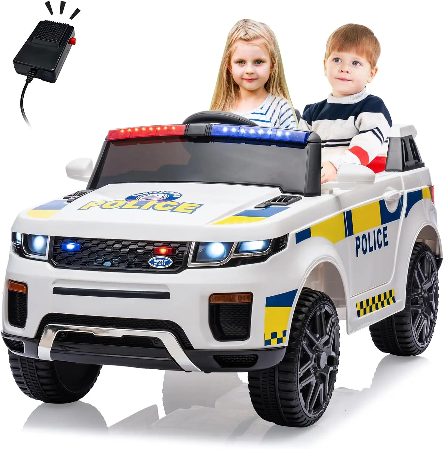 GAOMON White 12V Kids Ride On Police Car With Sirens Flashing Lights Remote Control Usb Music Spring Suspension And Retractable Handle For Toddlers White