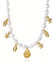 Adjustable Boho Gold Seashell Starfish Imitated Pearl Necklace | Summer Beach Vacation Choker | Hawaiian Mermaid Jewelry