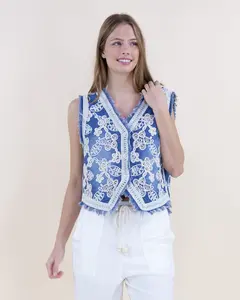 Vintage Bohemian Floral Embroidered Denim Vest with Raw Hem Detailing
