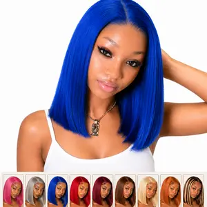 AMZ Dark Blue Bob Wig Human Hair 13x4 Lace Front Wig Pre Plucked HD Transparent Lace Frontal Wigs Royal Blue Short Straight Colored Bob Wig For Women 180% Density