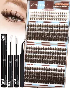 Zegaine Brown Lash Clusters Kit Dark Brown Lashes With Spikes Bottom Eyelash Clusters Manga Brown Cluster Lashes Kit With Lash Bond&Seal, Lash Tweezers Anime Cluster Eyelash Extensions 12-18MM 264Pcs