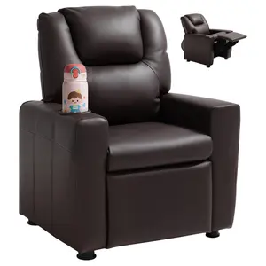 VEVOR Kids Reclining Chair, Toddler Recliner with Cup Holder, 101° to 121° Adjustable Backrest, Easy-to-Clean PU Leather Recliner Couch with Footrest, 90 lbs Load, for Boys & Girls, Children (Brown)
