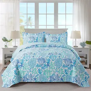 Beach Quilt  Size, Ultra Soft & Fade Resistant Coastal Quilt with 1 Quilt Set and 2 Shams, Light Blue Quilt for All Season, Blue Coral,
