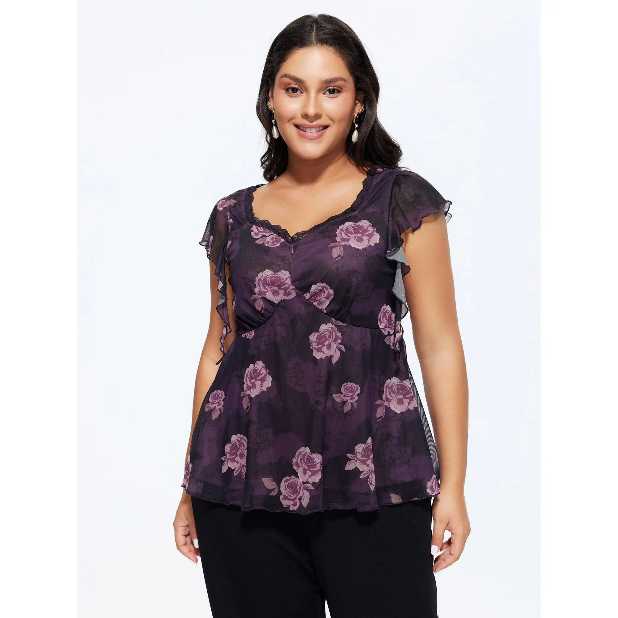 BloomChic Women's Plus Size Romantic Floral Lacy V-Neck Top with Ruffle Cap Sleeves, Cropped Knit Fabric Garment