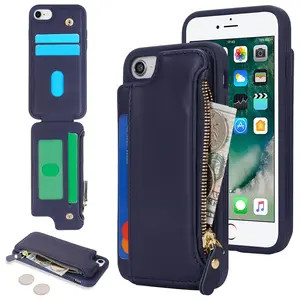 Cavor for iPhone SE Case 2022/2020 iPhone 8/7 Case with Card Holder iPhone SE Wallet Case for Women MenPhone Case for iPhone 8 Case with WalletLeather Magnetic Clasp Zipper Pocket Cover-Blue