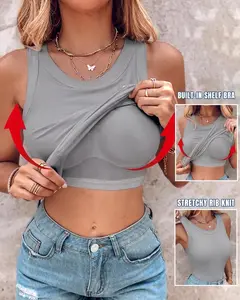 Ribbed Racerback Tank Top with Built-in Bra, Padded Going Out Tops for Women, Slim Fit Everyday Basic Camisole, Supportive Cropped Tank (Multi-Colors) Casual Sleeveless