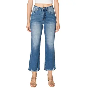 ONESO Women High Rise Cropped Flared Jeans with Raw Hem Ankle-length Distressed Denim Pants OST023 Plus Size