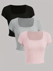 Women's Solid Square Neck Tee, Casual Basic Short Sleeve T-shirt for Daily Wear, Ladies Clothes for All Seasons, Womenswear