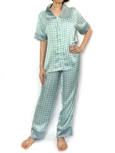 Blue Peter Pan Collar Grid Pajama Set