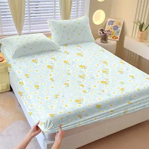 Cute Daisy Cartoon Bird Fitted Sheet Set, 1 Fitted Sheet + 2 Pillowcases, Light Blue Floral Print Bedding, Soft Microfiber Bed Linen for Kids Bedroom Decor