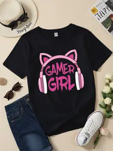 Girls "GAMER GIRL" Cat Ear Headphones Graphic T-Shirt - Casual Short Sleeve Crew Neck Kids Gaming Tee Core Tee Funny Sweatshirt