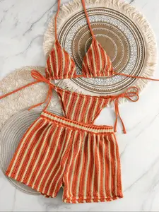 Women's Wireless Fitted Bikini Set, All-Season Beachwear Swimwear, Striped Pattern Design, Casual Style Swimsuit