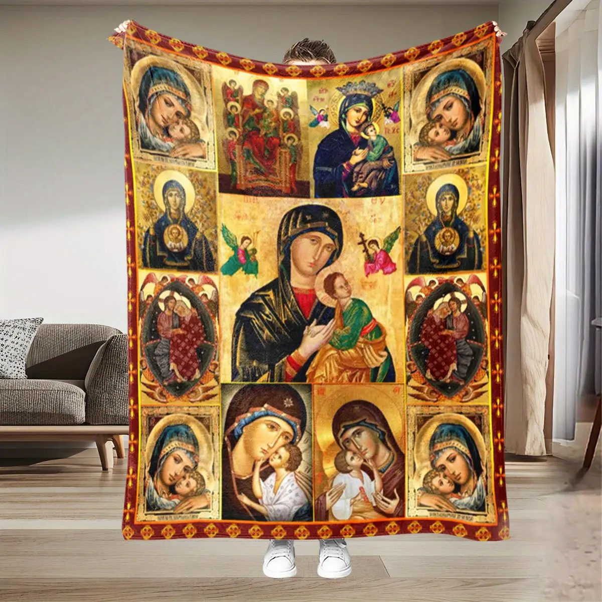 Thickened Flannel Printed Blanket - Soft Comfy, Machine Washable Christian Throw with Byzantine Art-Inspired Virgin Mary, Jesus Christ, Golden-Red Patterns for Home Chapel Décor, Prayer, Soft Comfy Blanket