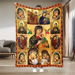 Religious Icons Flannel Blanket - Soft Warm Throw with Byzantine-Inspired Virgin Mary, Jesus Christ - Golden Red Byzantine Patterns for Home Chapel, Prayer, Decor