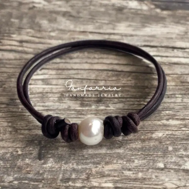 LaBelle Freshwater Pearl Leather Anklet Bracelet