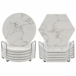 Absorbent Coasters for Drinks 6pc Ceramic Coaster Set with Metal Holder White Marble Design Non Slip Cork Base Cute Cup Coasters for Wooden Table Protection Aesthetic Room Decor Housewarming Gift Ideas Living Room Coffee Table Kitchen Mug Mats