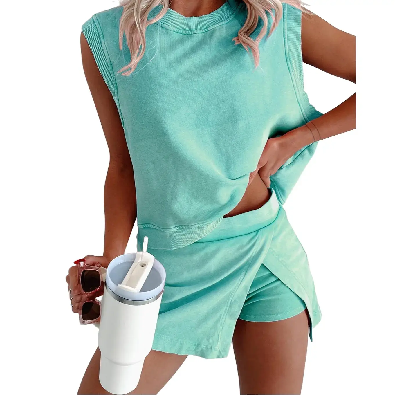 Women's Summer 2 Piece Lounge Set Sleeveless Tank Top Wrap Split Lined Skort Travel Casual Cotton Outfits