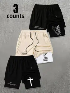 Men's Summer Fashion Casual Faux Two-Piece Shorts Pants, Letter Pattern Print Drawstring Gym Shorts 3 Pack, Comfortable and Stylish