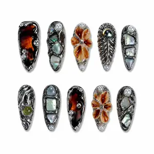 Midnight Opal Relic Press On Nails – Vintage Chrome Shell & Amber Floral Gothic Luxury Nail Set