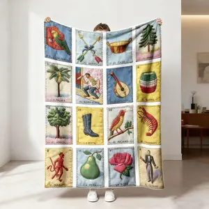 Mexican Loteria Card-themed quilted Flannel Throw Blanket for all seasons. Perfect gift for sofas, beds, camping and travel. A must-have for card lovers