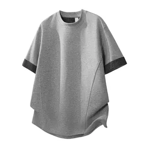 Men’s crewneck summer new arrival trendy loose-fit versatile short-sleeve T-shirt with plaid hem; streetwear “bad boy” cool look; unisex breathable athletic T-shirt