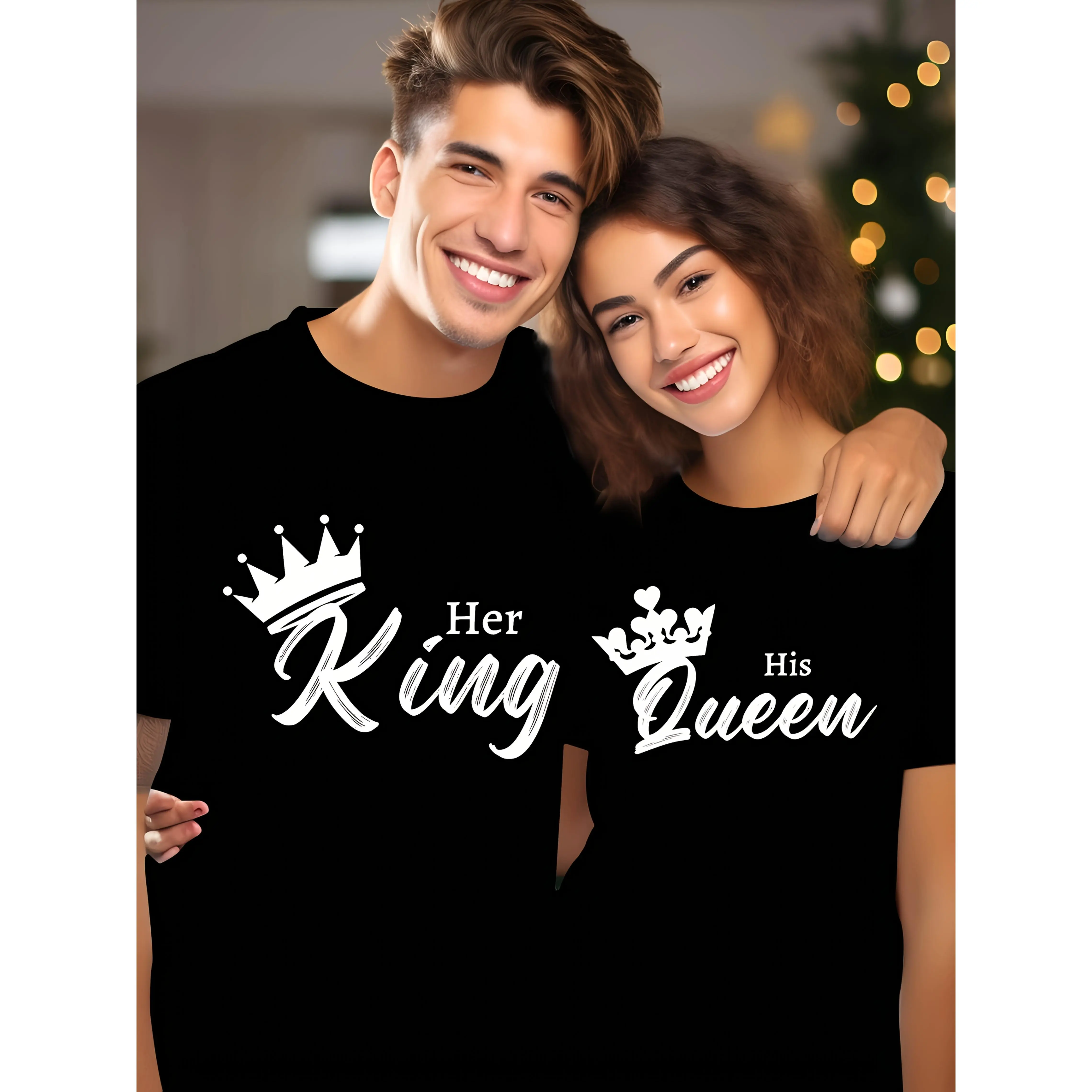 220g Print Round Collar Suitable For Both Men And Women Short-sleeved T-shirt, King And Queen Hat Couple Print, Fashion Casual T-shirt, A Certain Thickness Suitable For Summer Wear T-shirt, As A Gift