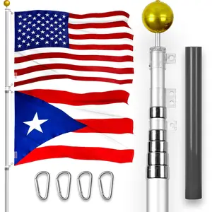 G128 Combo Pack: 20 Ft Telescoping Aluminum Flagpole (Silver) & American and Puerto Rico Flags 3x5 Ft, Both ToughWeave Series Embroidered Polyester | Pole with Flags Included