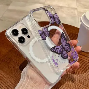 Phone Case - A Stylish And Protective Hard Case Featuring Dreamy Purple Butterflies And Flowers, Designed with a Magnetic Ring That Supports Wireless Charging, Suitable for Various for iPhone 17 E Air Pro ProMax iPhone16 15 14 Plus 13 12 11 X XS XR