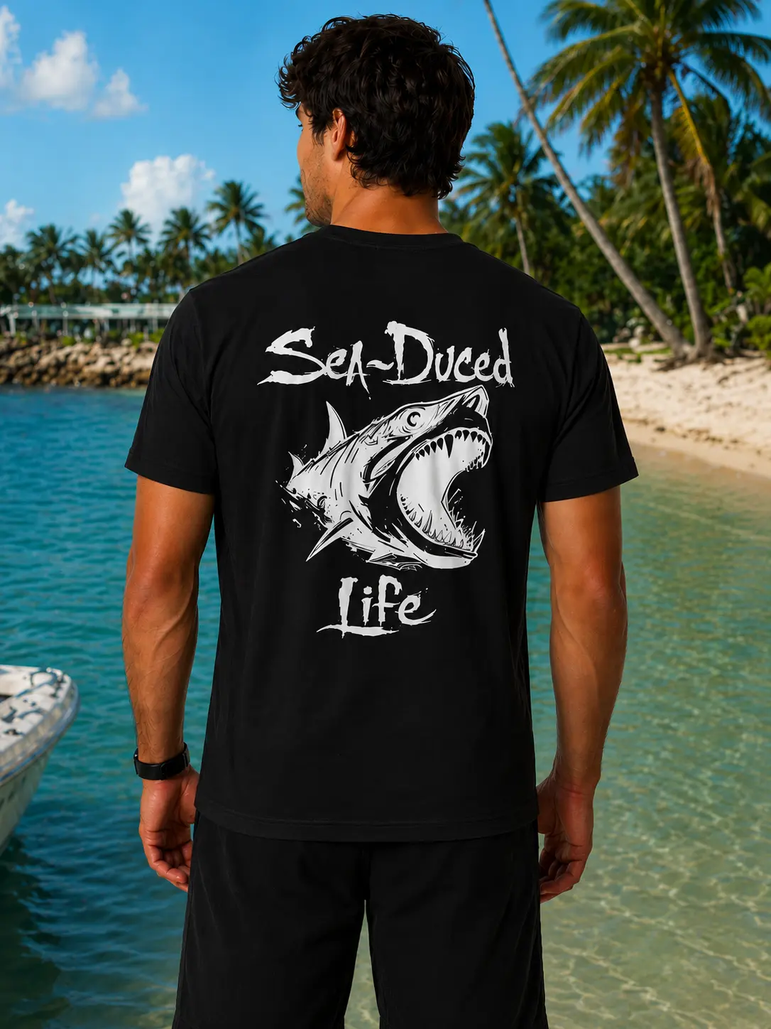 Sea~Duced Life Shark Men's Graphic Tee Coastal Fishing Shirt Beach & Boat Lifestyle Apparel Shark Lover Gift