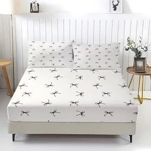 Simple black and white bow print fitted sheet and pillowcase set, simple bedroom bedding, holiday birthday gift, Bed Sheet Sets