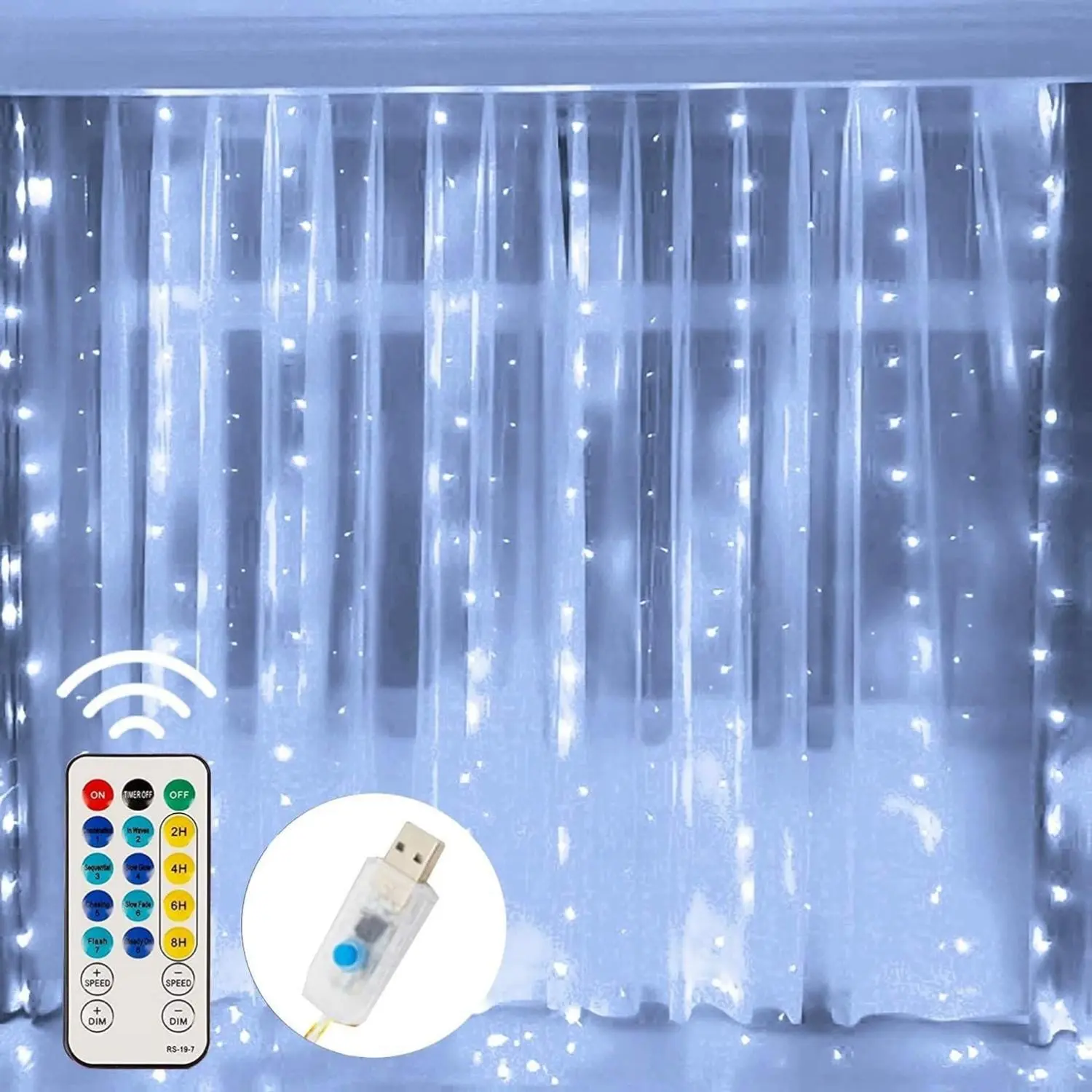 Window Curtain String Lights, 300 LED 8 Lighting Modes Fairy Lights USB Powered, Waterproof Lights for Christmas Bedroom Party Wedding Home Garden Wall Decorations (White)