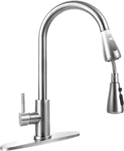 Stainless Steel Kitchen Faucet with Pull Down Sprayer - High Arc Single Handle Pull Out Sink Faucet, Brushed Nickel Commercial Style, 2 Spray Modes, Lead-Free, Easy Install for Kitchen Sink (1 or 3 Hole Compatible)