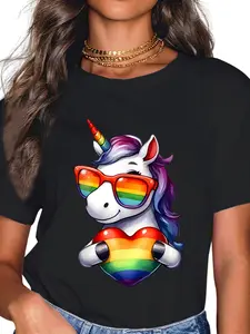 100% Cotton Gay Pride Unicorn Heart Rainbow Flag LGBT Women Girls T-Shirt