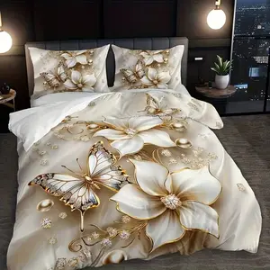 3-Piece Gold Butterfly Floral Print Decorative Bedding Set, Soft Breathable Polyester Fabric, All-Season Use, Bedroom & Guest Room Decor