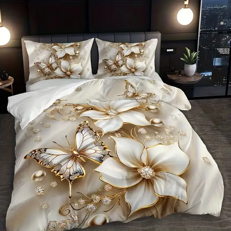 3-Piece Gold Butterfly Floral Print Decorative Bedding Set, Soft Bedding Sets, Soft Breathable Polyester Fabric, All-Season Use, Bedroom & Guest Room Decor