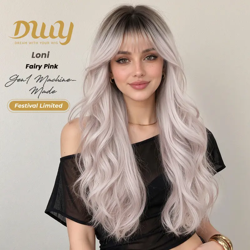 [HOT] Loni DWY New Color 24 Inch Long Wave Light Brown Glueless Synthetic Wig with Bangs, Women's High Quality Premium Fiber Wig for Hair Transitions, Easy Wear, Comfortable Fit, Pre Styled